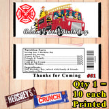 Firefighter Fire Truck Fireman Printed Birthday Candy Bar Wrappers 10 ea Personalized Custom Made