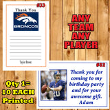Football NFL Birthday Thank You Cards 10 each Printed Personalized Custom Made