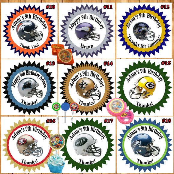 Football NFL Birthday Round Stickers 1 Sheet Printed Personalized Custom Made
