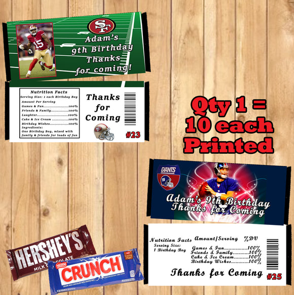 Football NFL Birthday Candy Bar Wrappers 10 each Printed Personalized Custom Made
