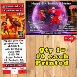 Incredibles 2 Birthday Invitations 10 each Printed Personalized with Envelopes Custom Made
