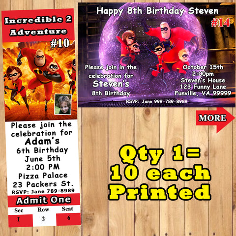 Incredibles 2 Birthday Invitations 10 each Printed Personalized with Envelopes Custom Made