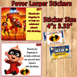 Incredible 2 Printed Birthday Stickers Water Bottle Address Popcorn Favor Labels Personalized Custom Made