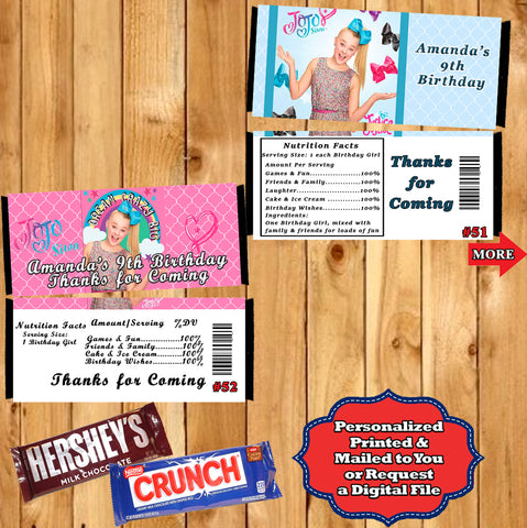 JoJo Siwa Printed Birthday Candy Bar Wrappers 10 ea Personalized Custom Made