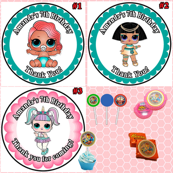 LOL Surprise Doll Birthday Round Stickers Printed 1 Sheet Cup Cake Toppers Favor Stickers Personalized Custom Made