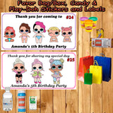 LOL Surprise Doll Printed Birthday Stickers Water Bottle Address Popcorn Favor Labels Personalized Custom Made