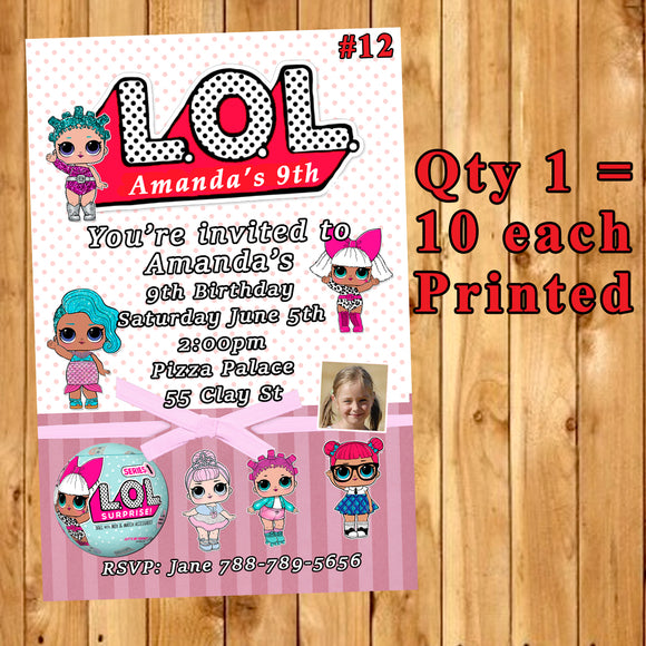LOL Surprise Doll Birthday Invitations 10 each Printed Personalized with Envelopes Custom Made