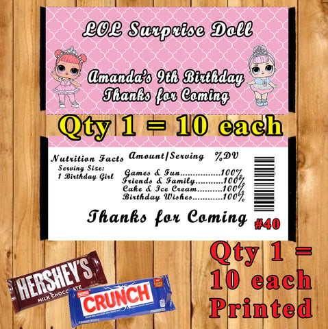 LOL Surprise Doll Printed Birthday Candy Bar Wrappers 10 ea Personalized Custom Made
