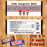 LOL Surprise Doll Printed Birthday Candy Bar Wrappers 10 ea Personalized Custom Made