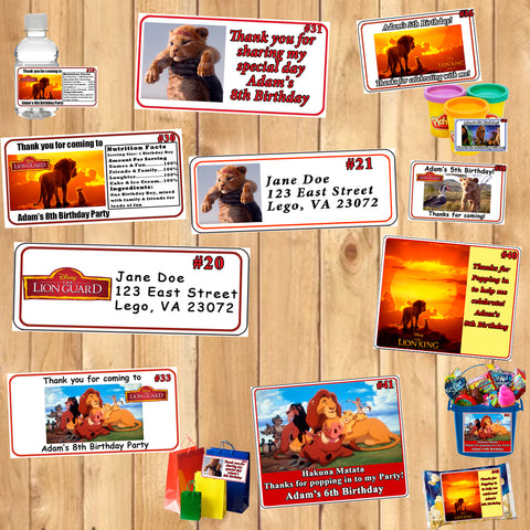 Lion King Printed Birthday Stickers Water Bottle Address Popcorn Favor Labels Personalized Custom Made