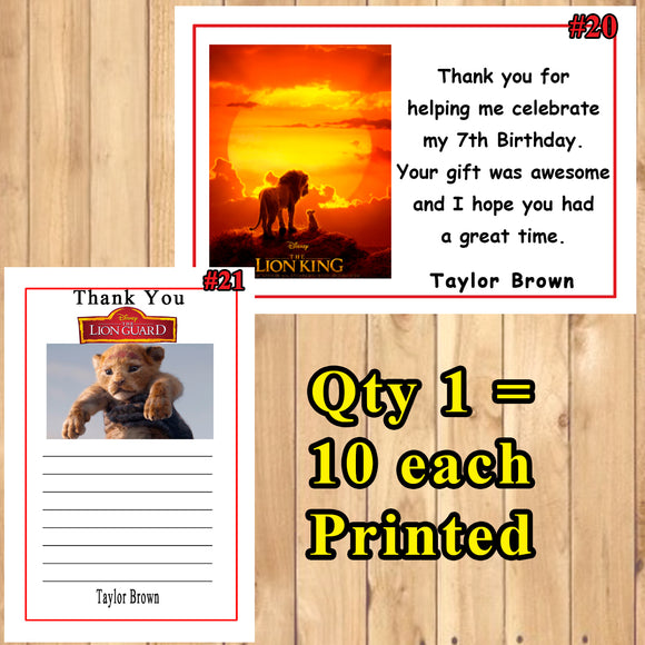 Lion King Birthday Thank You Cards 10 each With or Without Env Personalized Custom Made