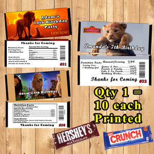 Lion King Printed Birthday Candy Bar Wrappers 10 ea Personalized Custom Made
