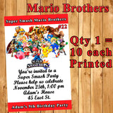 Super Smash Mario Brothers Birthday Invitations 10 each Printed Personalized with Envelopes Custom Made