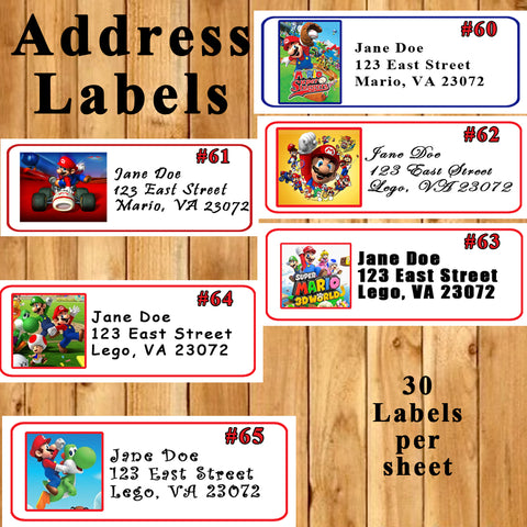Super Smash Mario Brothers Printed Birthday Stickers Water Bottle Address Favor Labels Personalized Custom Made
