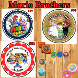Super Smash Mario Brothers Birthday Round Stickers Printed 1 Sheet Cup Cake Toppers Favor Stickers Personalized Custom Made
