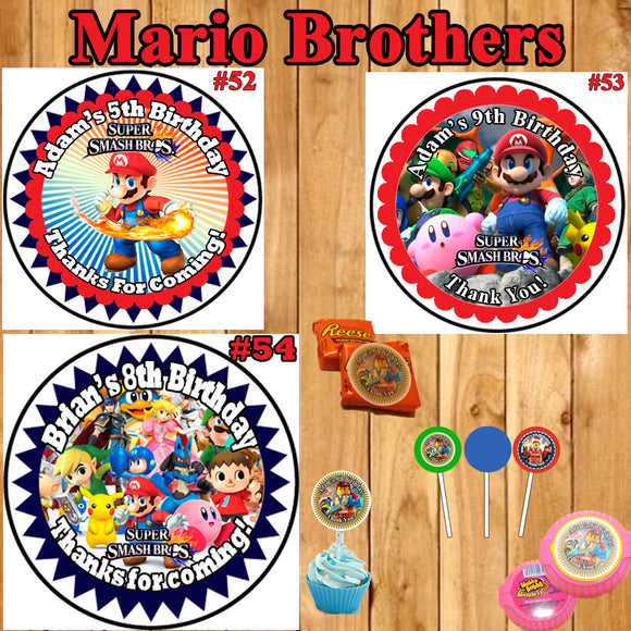 Super Smash Mario Brothers Birthday Round Stickers Printed 1 Sheet Cup Cake Toppers Favor Stickers Personalized Custom Made