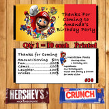 Super Smash Mario Brothers Printed Birthday Candy Bar Wrappers 10 ea Personalized Custom Made