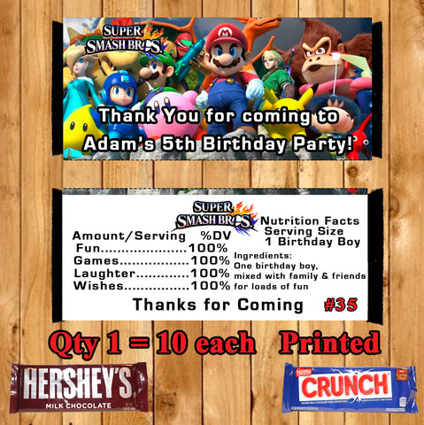 Super Smash Mario Brothers Printed Birthday Candy Bar Wrappers 10 ea Personalized Custom Made
