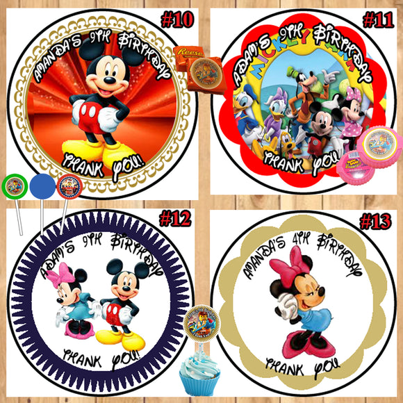 Mickey & Minnie Mouse Birthday Round Stickers Printed 1 Sheet Cup Cake Toppers Favor Stickers Personalized Custom Made