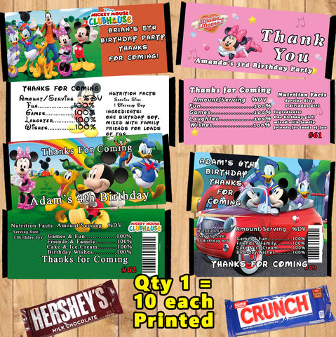 Mickey & Minnie Mouse Printed Birthday Candy Bar Wrappers 10 ea Personalized Custom Made