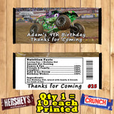 Monster Truck Monster Jam Printed Birthday Candy Bar Wrappers 10 ea Personalized Custom Made