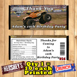 Monster Truck Monster Jam Printed Birthday Candy Bar Wrappers 10 ea Personalized Custom Made