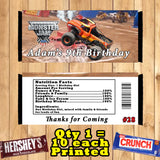 Monster Truck Monster Jam Printed Birthday Candy Bar Wrappers 10 ea Personalized Custom Made