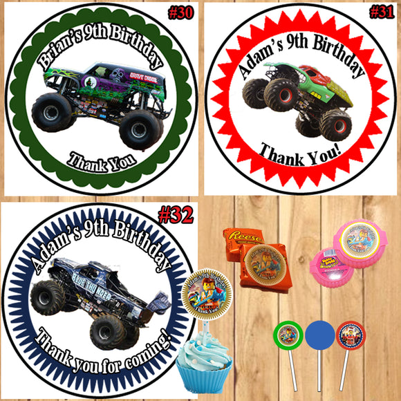 Monster Truck Monster Jam Birthday Round Stickers Printed 1 Sheet Cup Cake Toppers Favor Stickers Personalized Custom Made