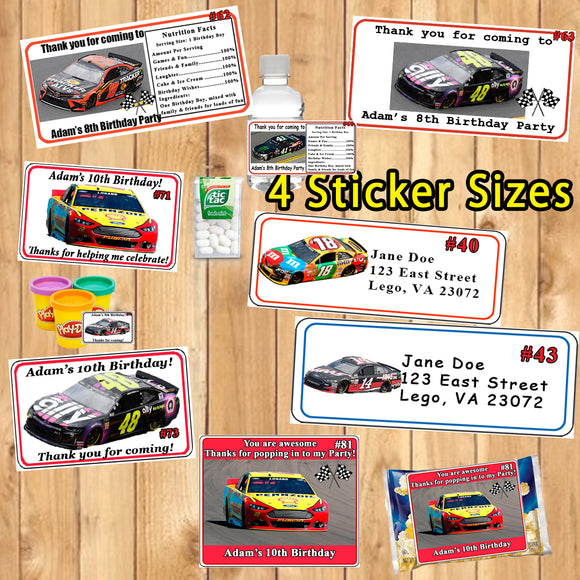 Nascar Printed Birthday Stickers Water Bottle Address Popcorn Favor Labels Personalized Custom Made