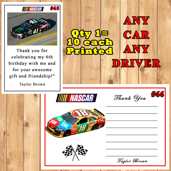 Nascar Birthday Thank You Cards 10 each With or Without Env Printed Personalized Custom Made