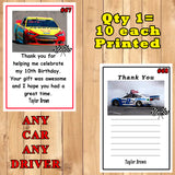 Nascar Birthday Thank You Cards 10 each With or Without Env Printed Personalized Custom Made