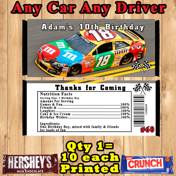 Nascar Printed Birthday Candy Bar Wrappers 10 ea Personalized Custom Made