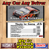 Nascar Printed Birthday Candy Bar Wrappers 10 ea Personalized Custom Made