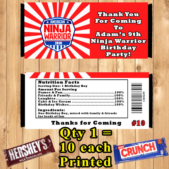 American Ninja Warrior Printed Birthday Candy Bar Wrappers 10 ea Personalized Custom Made