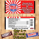 American Ninja Warrior Printed Birthday Candy Bar Wrappers 10 ea Personalized Custom Made