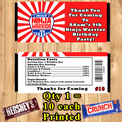 American Ninja Warrior Printed Birthday Candy Bar Wrappers 10 ea Personalized Custom Made