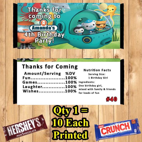 Octonauts Printed Birthday Candy Bar Wrappers 10 ea Personalized Custom Made