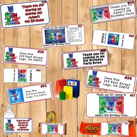 PJ Masks Printed Birthday Stickers Water Bottle Address Hershey Nugget Wraps Favor Labels Personalized Custom Made