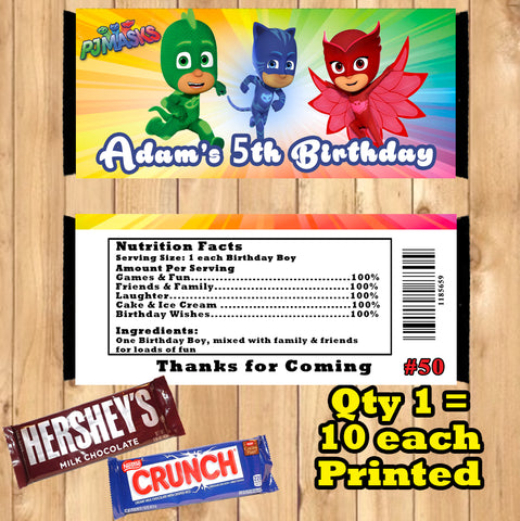 PJ Masks Printed Birthday Candy Bar Wrappers 10 ea Personalized Custom Made