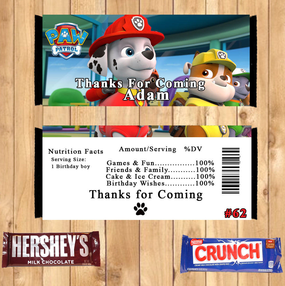 Paw Patrol Printed Birthday Candy Bar Wrappers 10 ea Personalized Cust –  Virginia Design Shop