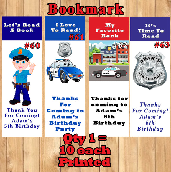 Police Birthday Bookmarks 10 ea Personalized Custom Made