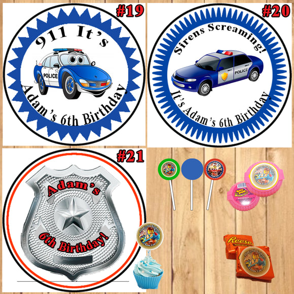 Police Birthday Round Stickers Printed 1 Sheet Cup Cake Toppers Favor Stickers Personalized Custom Made