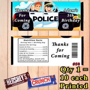 Police Printed Birthday Candy Bar Wrappers 10 ea Personalized Custom Made