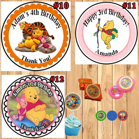 Pooh Bear Birthday Round Stickers Printed 1 Sheet Cup Cake Toppers Favor Stickers Personalized Custom Made