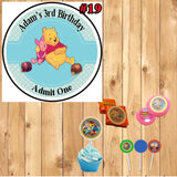 Pooh Bear Birthday Round Stickers Printed 1 Sheet Cup Cake Toppers Favor Stickers Personalized Custom Made