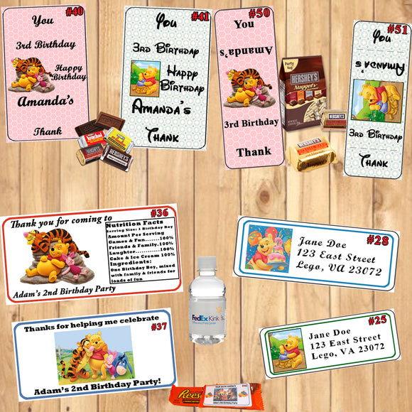 Pooh Bear Printed Birthday Stickers Water Bottle Address Favor Labels Personalized Custom Made