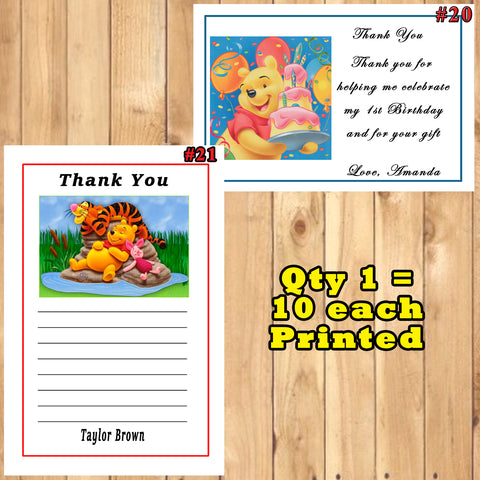 Pooh Bear Birthday Thank You Cards 10 each With or Without Env Printed Personalized Custom Made