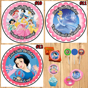 Princess Birthday Round Stickers Printed 1 Sheet Cup Cake Toppers Favor Stickers Personalized Custom Made