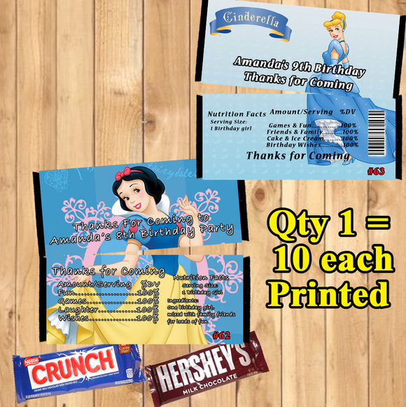 Princess Printed Birthday Candy Bar Wrappers 10 ea Personalized Custom Made