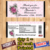 Retirement Party Favor Printed Candy Bar Wrappers 10 ea Personalized Custom Made